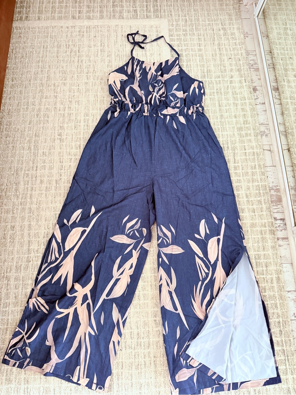 Navy & Blush Halter Wide-Leg Jumpsuit Large